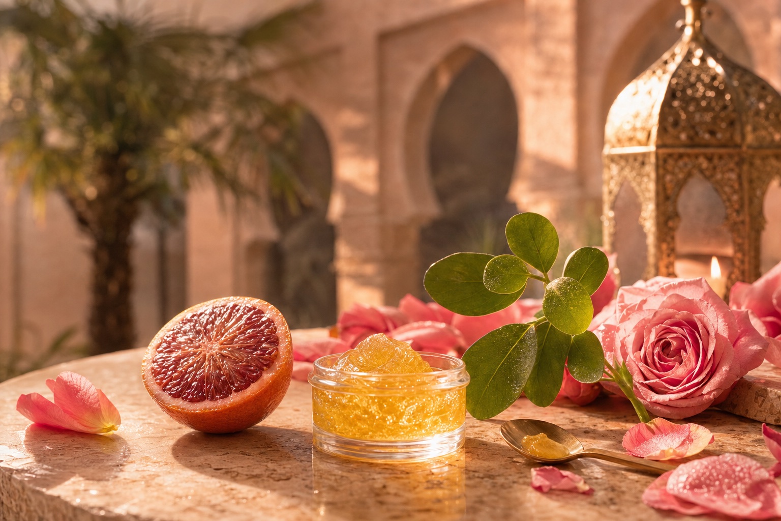 Orange sanguine, texture de sérum doré et roses sur le marbre d un riad