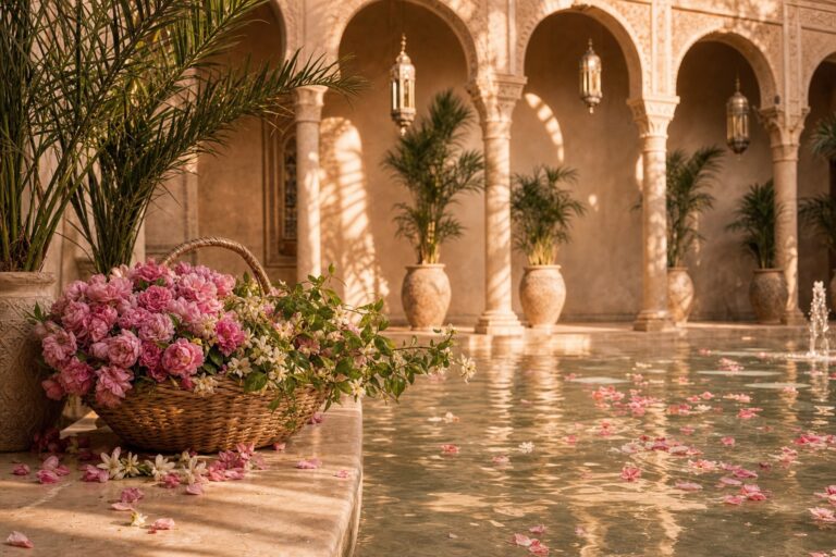 Panier de roses de Damas et de fleurs d oranger au bord d une fontaine de riad