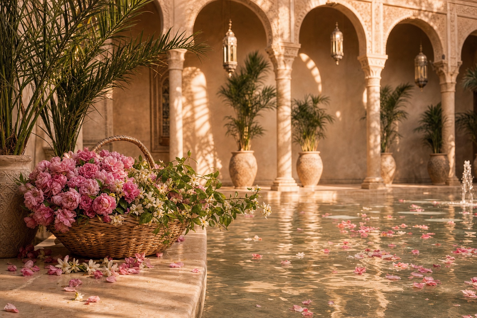 Panier de roses de Damas et de fleurs d oranger au bord d une fontaine de riad