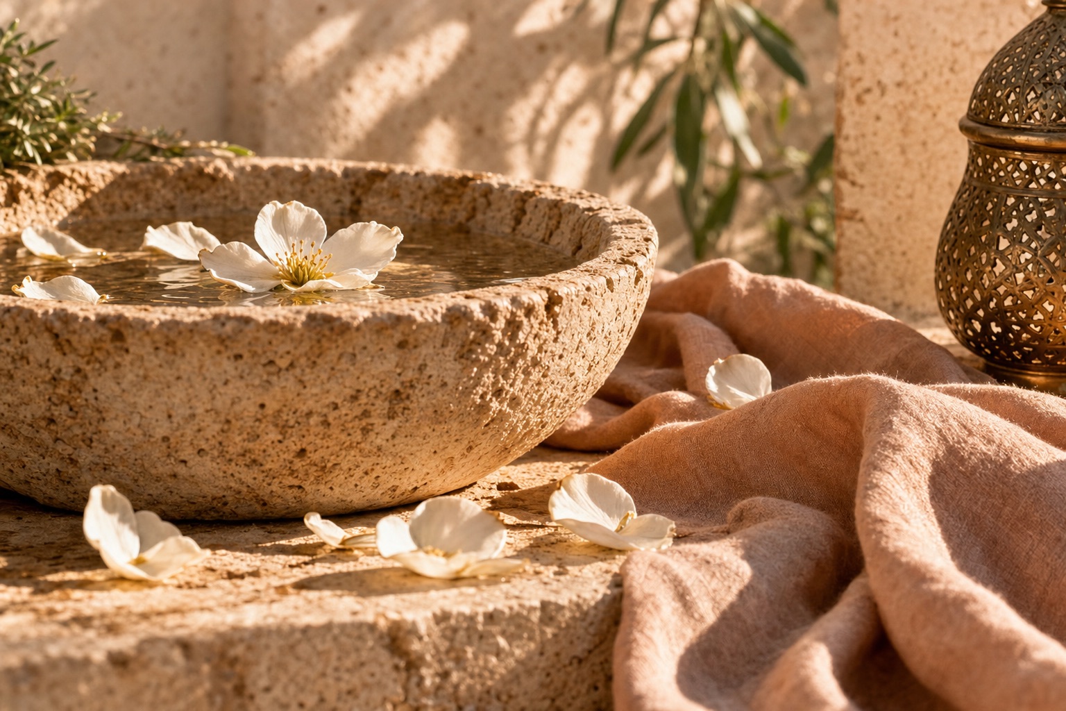 Vasque de travertin aux fleurs blanches, lin pêche et lanterne de laiton