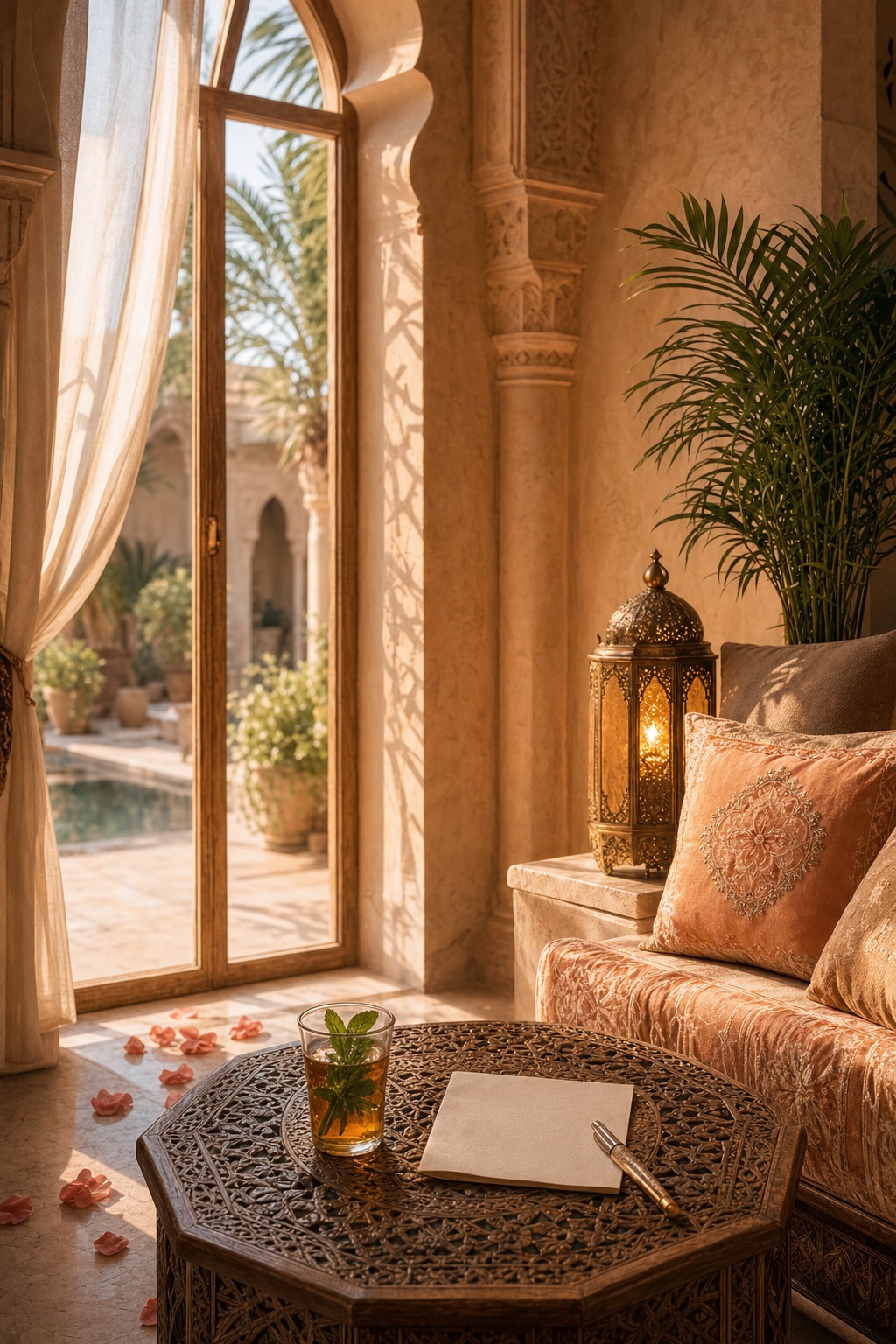Salon de riad, thé à la menthe et papier à lettres